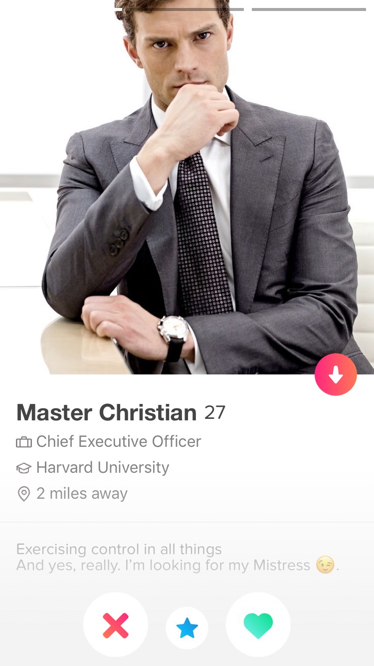 The Tinder profile page of Master Christian, 27. It has listed "Chief Executive Officer" as his occupation. He went to Harvard University and is currently 2 miles away. His description says: "Exercising control in all things; And yes, really, I'm looking for my Mistress.", followed by the "wink" emoji.